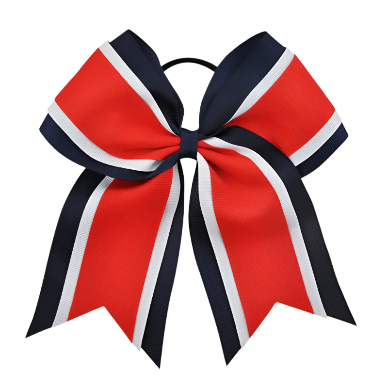 Red, white, and blue ribbon bow on a white background