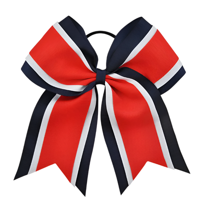 Red, white, and blue ribbon bow on a white background