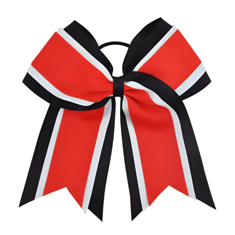 Red, black, and white cheer bow on a white background