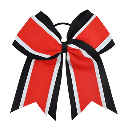 Red, black, and white cheer bow on a white background