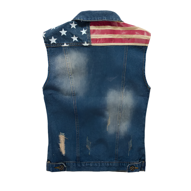 Men's cowboy ripped denim vest with USA flag vintage sleeveless jacket tank washed jeans design for western resort entertainment