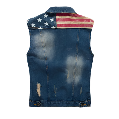 Men's cowboy ripped denim vest with USA flag vintage sleeveless jacket tank washed jeans design for western resort entertainment