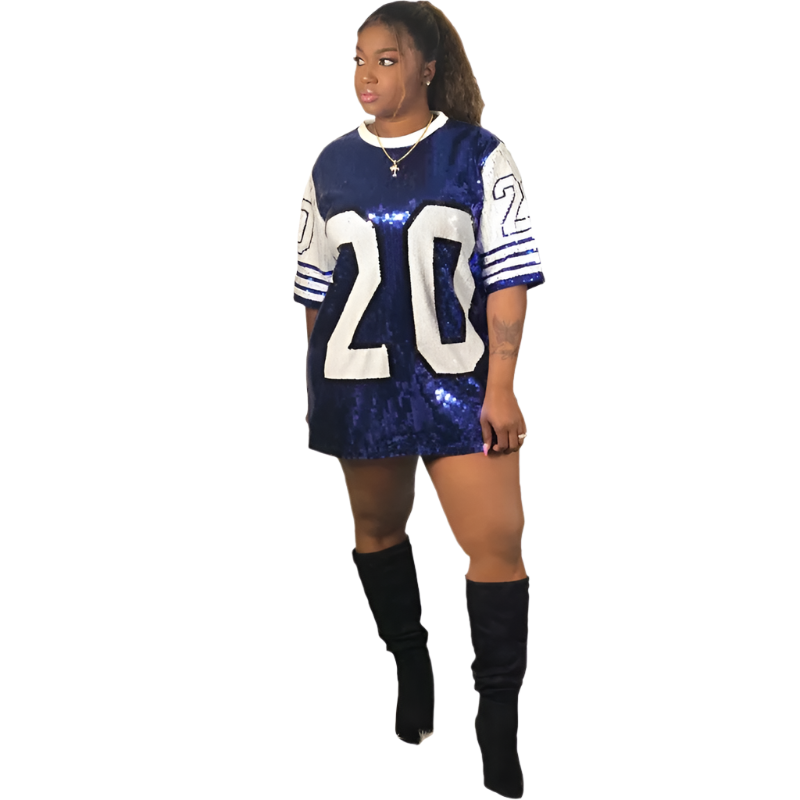 Long O-Neck T-shirt Party Club Blue and White 20 ZETA PHI BETA Sequin Clothing