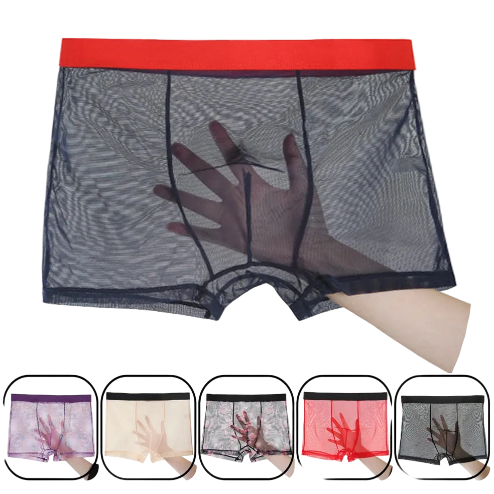 Sheer men's underwear with red waistband and hand visible, with inset images of different colors.