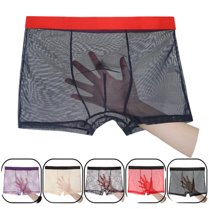Sheer men's underwear with red waistband and hand visible, with inset images of different colors.