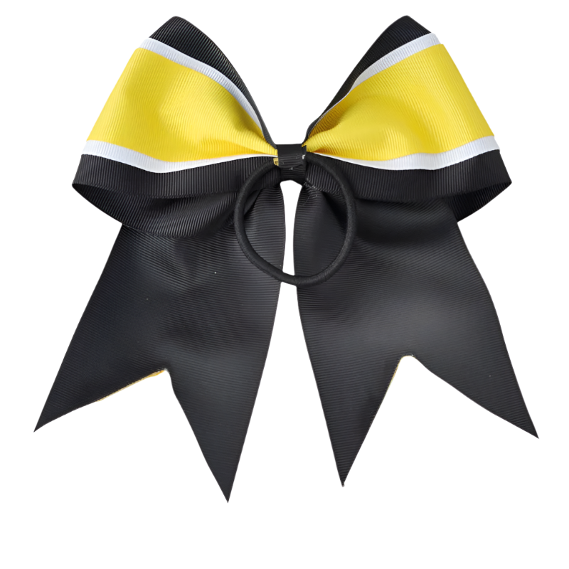 Black and yellow cheer bow with a measurement label indicating 7 inches.