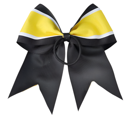 Black and yellow cheer bow with a measurement label indicating 7 inches.