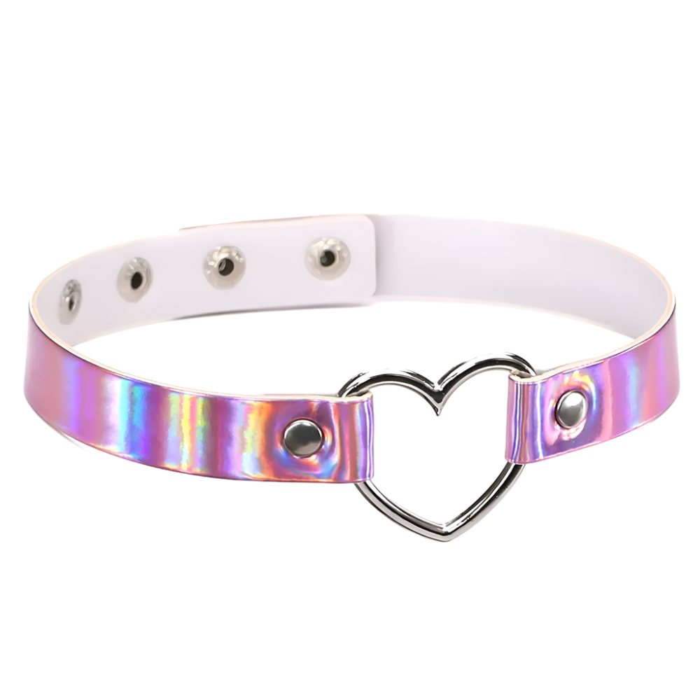 Holographic heart-shaped choker on a white background