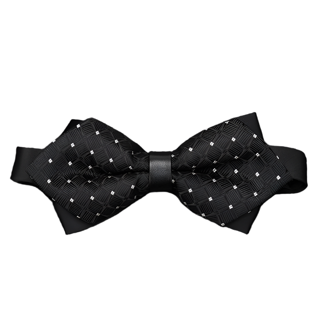 Black bow tie with a textured pattern on a gray background