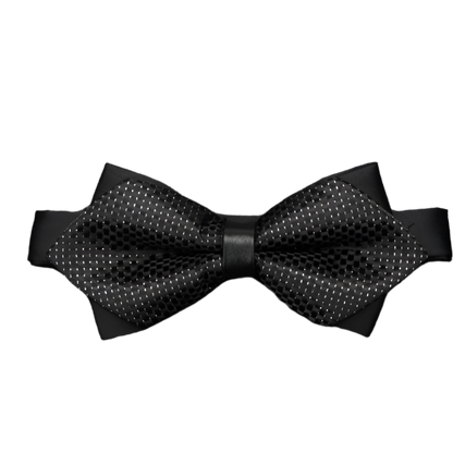 Black bow tie with textured pattern on a gray background