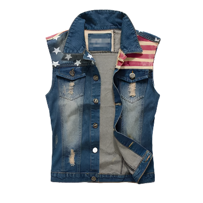 Men's cowboy ripped denim vest with USA flag vintage sleeveless jacket tank washed jeans design for western resort entertainment