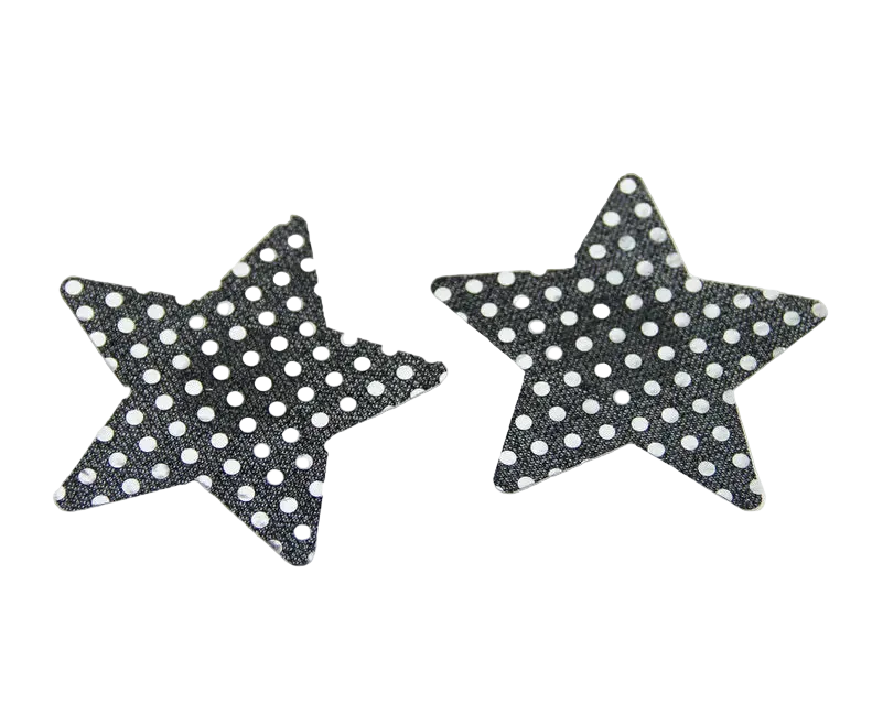Two star-shaped fabric patches with a black and white polka dot pattern, displayed on a plain white background.