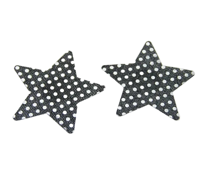 Two star-shaped fabric patches with a black and white polka dot pattern, displayed on a plain white background.