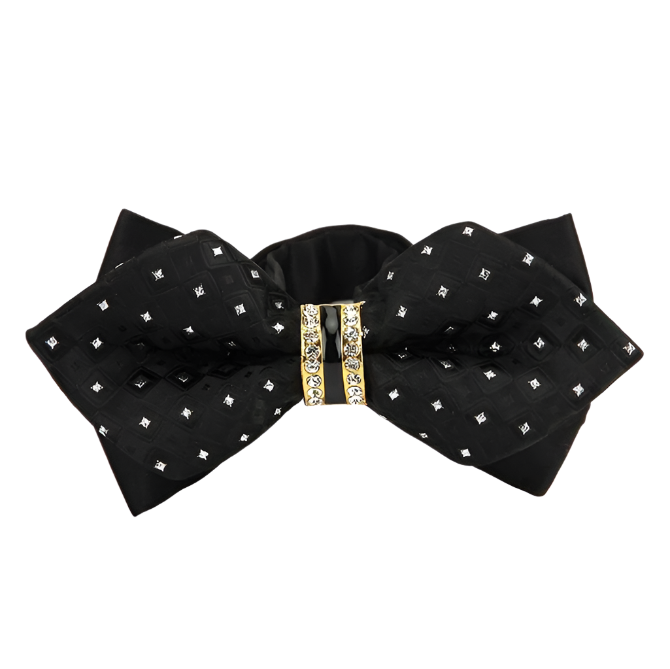 Black bow tie with decorative elements on a white background