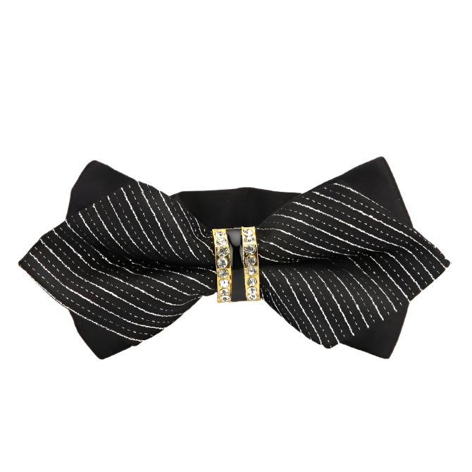 Black and white striped bow tie with a gold buckle on a white background