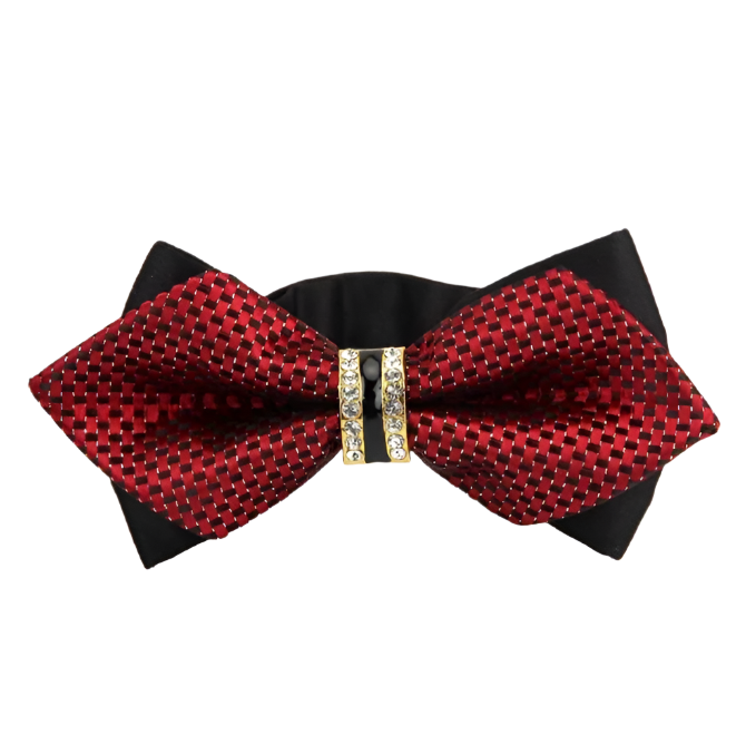 Red and black checkered bow tie with a decorative clasp on a white background