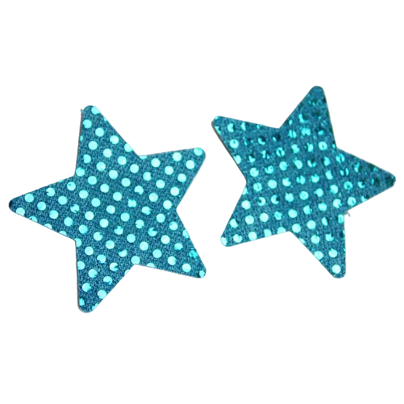 Two glittery blue star-shaped stickers with light blue polka dots on a white background.