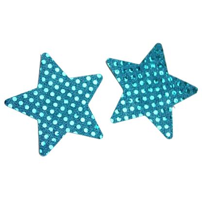 Two glittery blue star-shaped stickers with light blue polka dots on a white background.