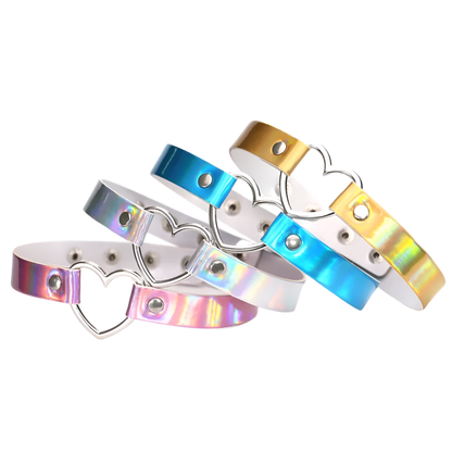 Set of colorful metallic choker necklaces with heart designs on a white background