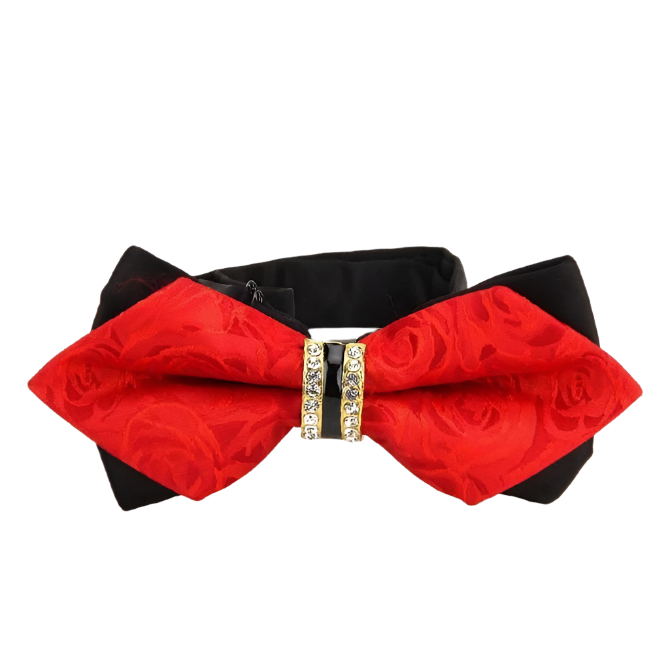 Red bow tie with black fabric on a white background,