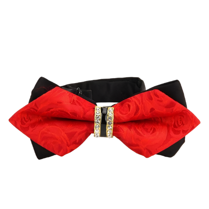 Red bow tie with black fabric on a white background,