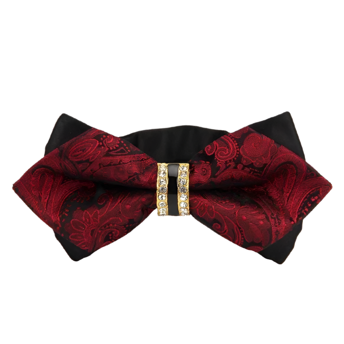 Red and black patterned bow tie with a decorative clasp on a white background
