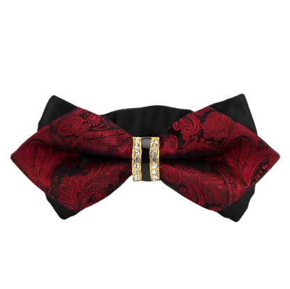 Red and black patterned bow tie with a decorative clasp on a white background