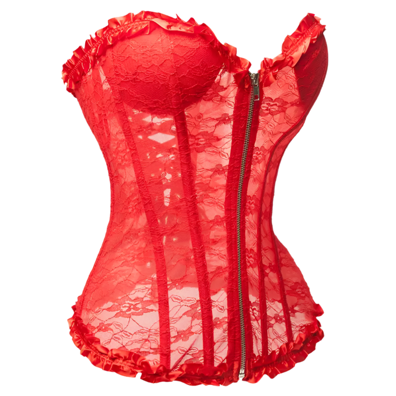 floral lace corset top with padded cups and zipper closure, perfect for resort theme nights and special occasions