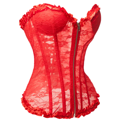 floral lace corset top with padded cups and zipper closure, perfect for resort theme nights and special occasions