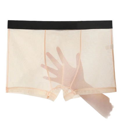 Sheer beige boxer briefs with a black waistband on a white background