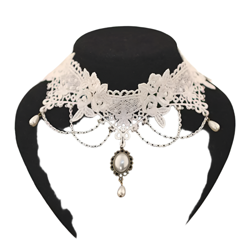 White lace choker with pearl accents and tassel details - perfect for alternative resort brides and theme nights