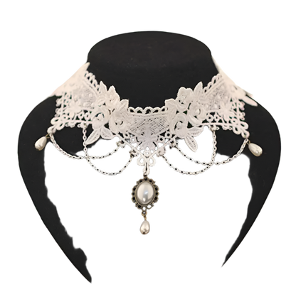 White lace choker with pearl accents and tassel details - perfect for alternative resort brides and theme nights