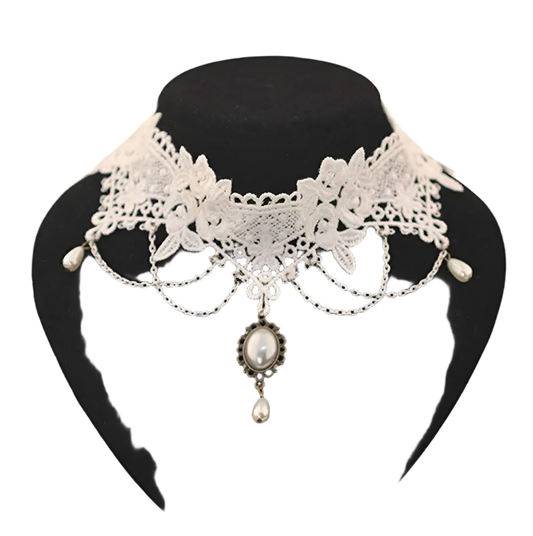 White lace choker with pearl accents and tassel details - perfect for alternative resort brides and theme nights