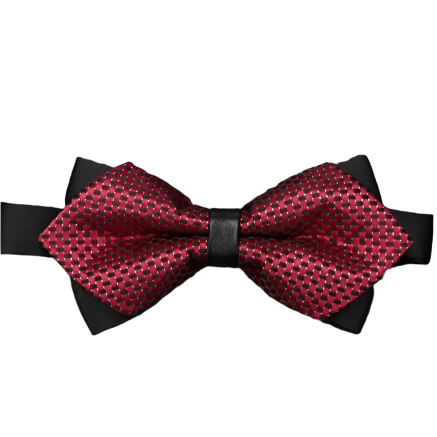 Red bow tie with black band on a textured gray background
