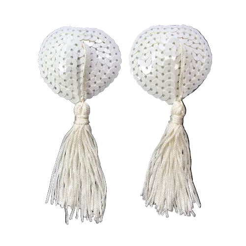 Pair of white sequin pasties with tassels on a black background