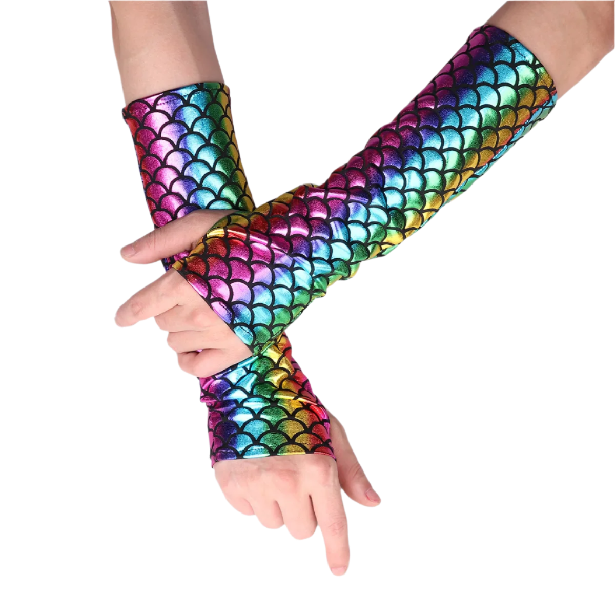 Mermaid scale fingerless arm sleeves with fish pattern for resort fantasy wear

