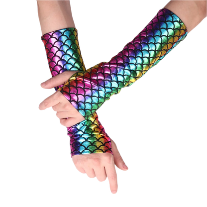 Mermaid scale fingerless arm sleeves with fish pattern for resort fantasy wear

