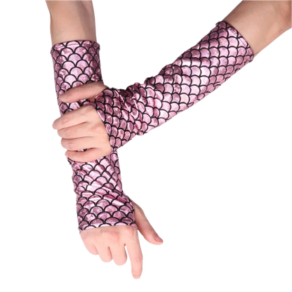 Mermaid scale fingerless arm sleeves with fish pattern for resort fantasy wear

