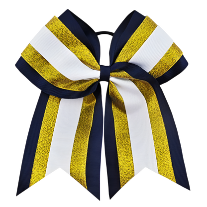 Large decorative bow with gold, navy, and white stripes on a white background