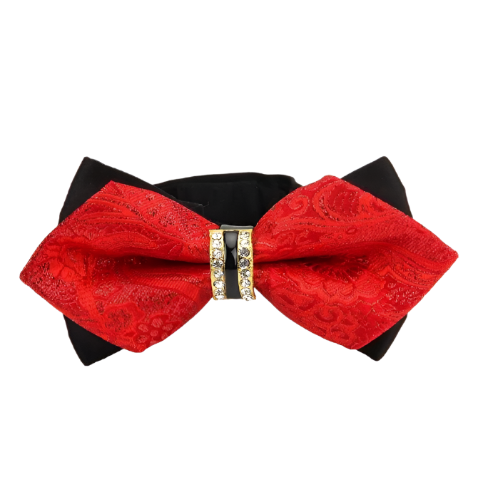 Red lace bow tie with black fabric on a white background