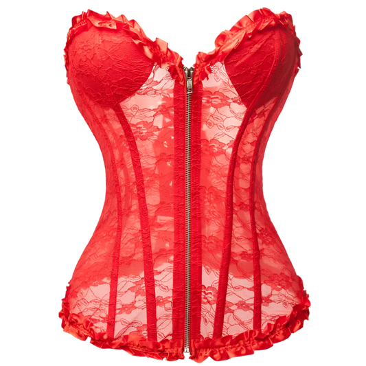 floral lace corset top with padded cups and zipper closure, perfect for resort theme nights and special occasions