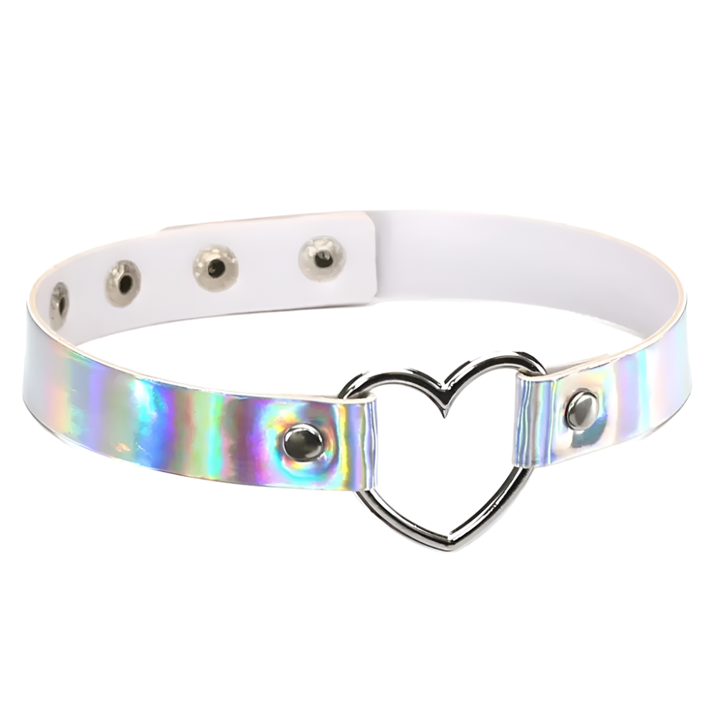 White leather choker with a heart-shaped metal clasp and iridescent side panel on a white background