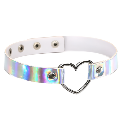 White leather choker with a heart-shaped metal clasp and iridescent side panel on a white background