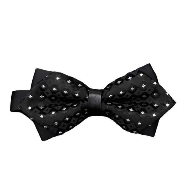 Black bow tie with diamond pattern on a textured gray background