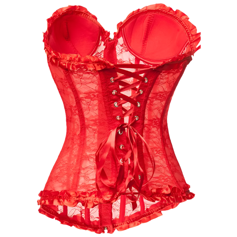 floral lace corset top with padded cups and zipper closure, perfect for resort theme nights and special occasions