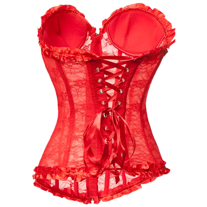 floral lace corset top with padded cups and zipper closure, perfect for resort theme nights and special occasions