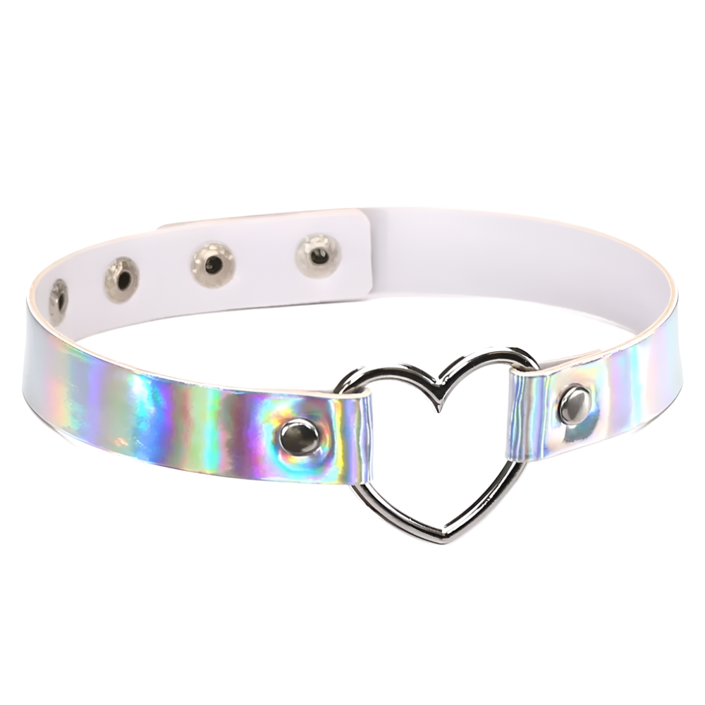 White leather choker with a heart-shaped metal clasp and iridescent side panel on a white background