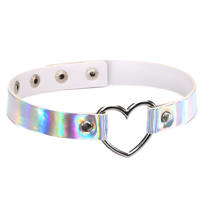 White leather choker with a heart-shaped metal clasp and iridescent side panel on a white background