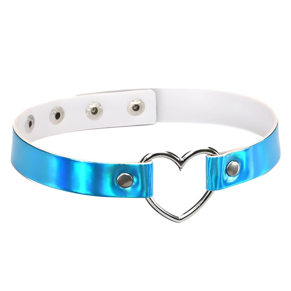White leather choker with a blue metallic heart-shaped buckle on a white background