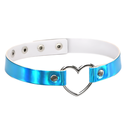 White leather choker with a blue metallic heart-shaped buckle on a white background